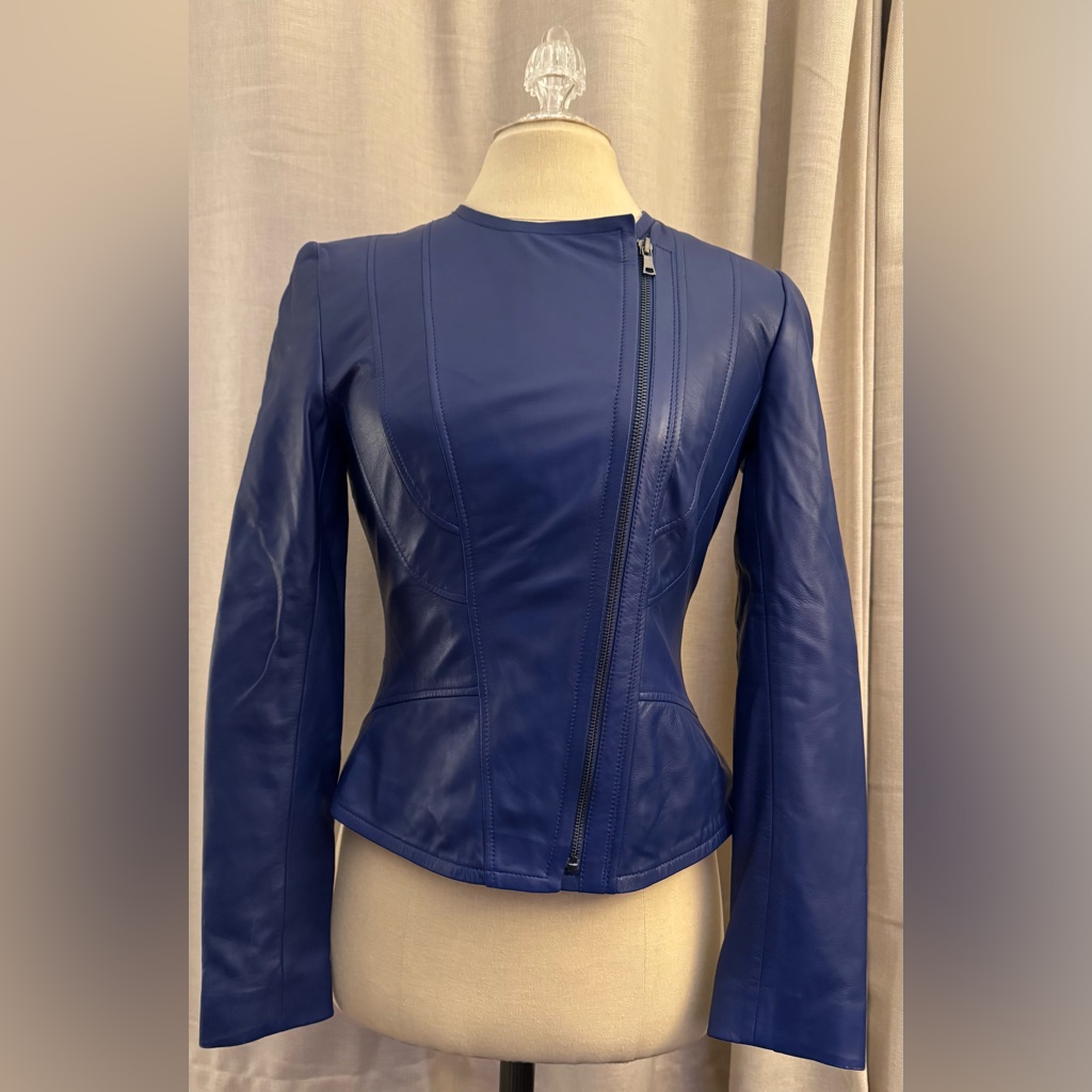 Tahari Royal Blue Lambswool Leather Jacket New With Tags